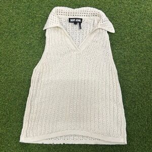 DKNY Jeans Cream Cotton Linen Knit Sleeveless V-Neck Collared Sweater‎ Top Large